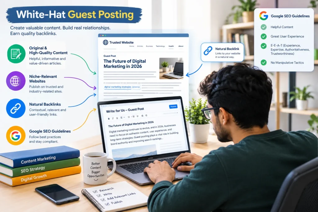 White-hat guest posting with quality content, relevant websites, and natural backlinks.