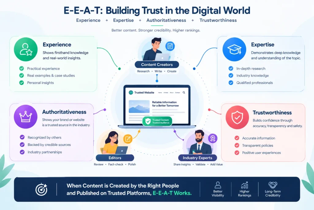 industry experts ka connection dikhayein. Give Alt text E-E-A-T infographic showing website trust, expertise, and content authority.