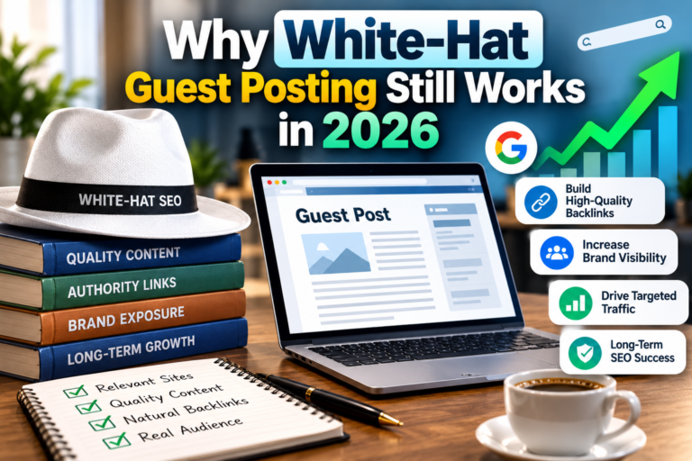 White-hat guest posting in 2026, highlighting high-quality backlinks, brand visibility, targeted website traffic, and long-term SEO growth through quality content and ethical link building.
