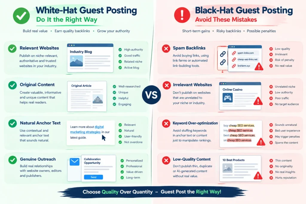 White-hat vs. black-hat guest posting SEO practices.